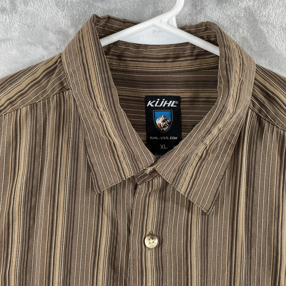 KUHL Shirt Mens XL Button Up Striped Short Sleeve Brown Pocket Hiking Outdoor